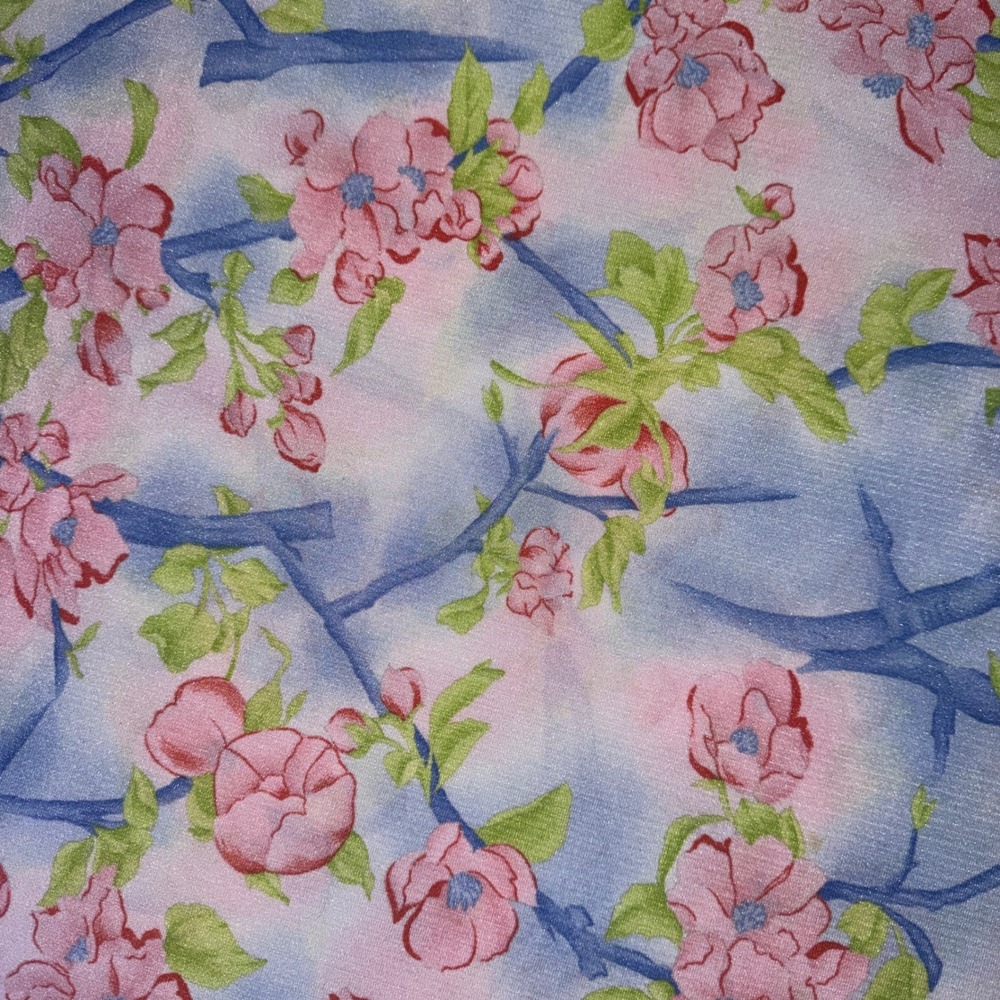 Merry Mary Fabric 3 Yards 62" Blue Pink Cherry Blossom Satin Weave 1970s Vintage